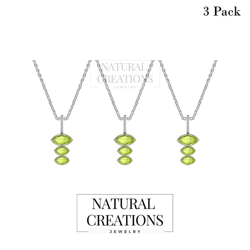 Natural Peridot Pendants With 18" Inches Chain for Women in Sterling Silver (Pack of 3, Bezel-Set)