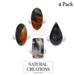 925 Sterling Silver Natural Pietersite Stone Ring Bezel Set Jewelry Pack of 4 - (Box 17)