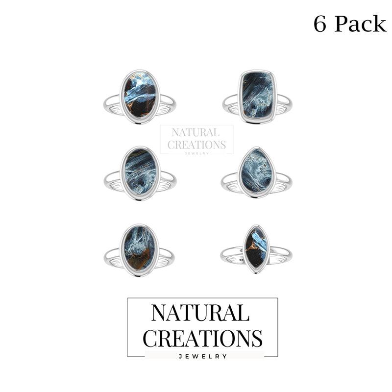 Natural Pietersite Rings for Women in Sterling Silver (Pack of 6, Bezel-Set)