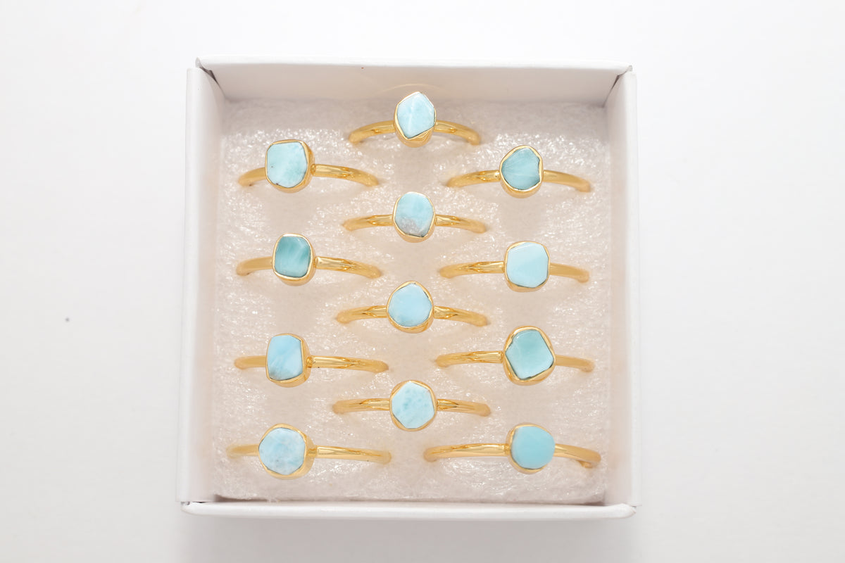 Natural Larimar Stackable Rings for Women in 18K Gold Vermeil (Pack of 12, Bezel-Set, Faceted)