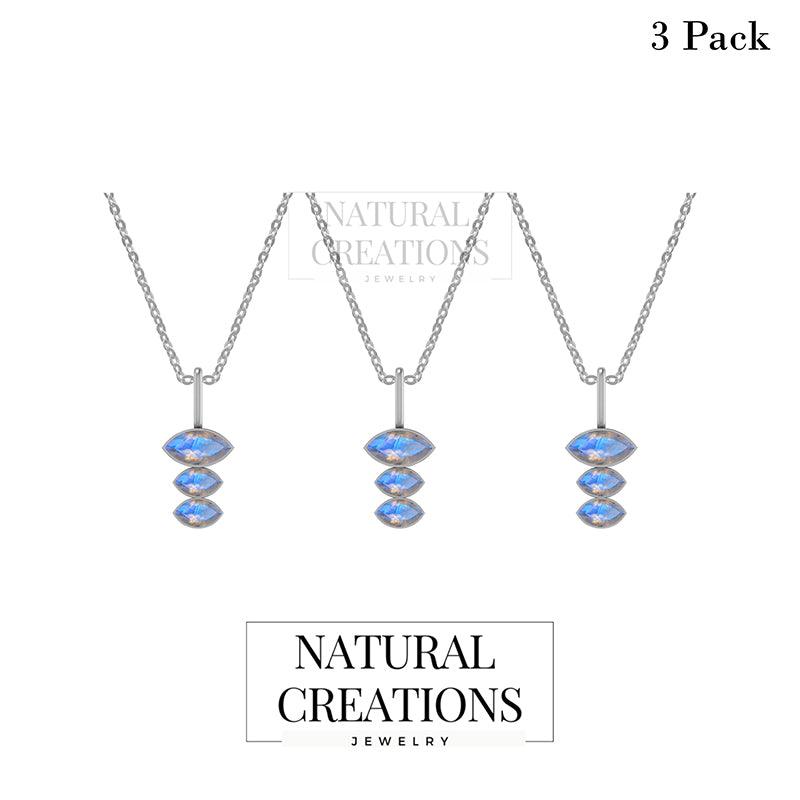 925 Sterling Silver Natural Rainbow Moonstone Pendant Bezel Set Handmade Jewelry Pack Of 3