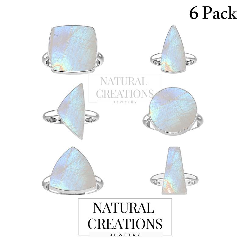 925 Sterling Silver Natural Rainbow Moonstone Stone Ring Bezel Set Jewelry Pack of 6 - (Box 8)