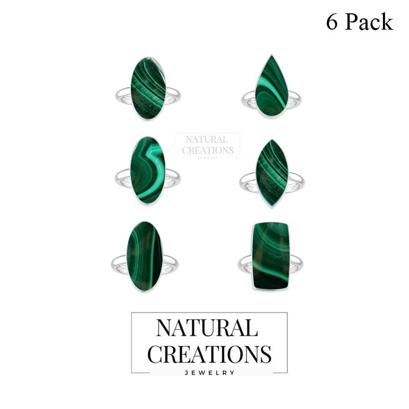 Natural Malachite Ring 925 Sterling Silver Bezel Set Handmade Jewelry Pack of 6 - (Box 7)