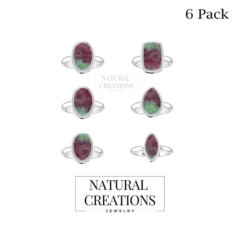 Natural Ruby Zoisite Rings for Women in Sterling Silver (Pack of 6, Bezel-Set)