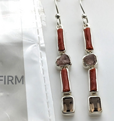 Designer Rose Quartz Earrings Studded With Red Coral & Smoky Quartz