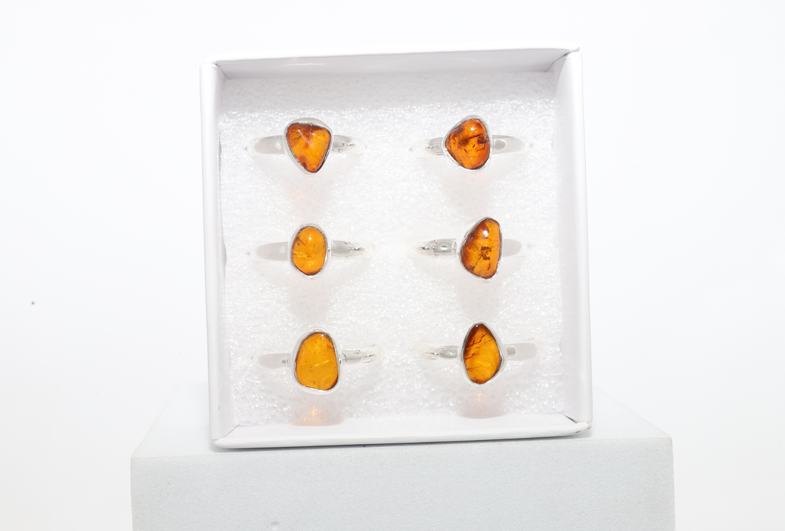 Natural Amber Rings for Women in Sterling Silver (Pack of 6, Bezel-Set)