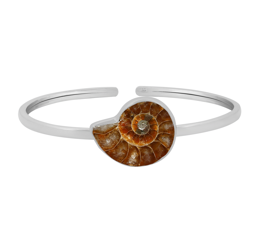 925 Sterling Silver Natural Ammonite Cuff Bangle Bracelet Bezel Set Jewelry Pack of 1