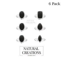 Natural Shungite Rings for Women in Sterling Silver (Pack of 6, Bezel-Set)