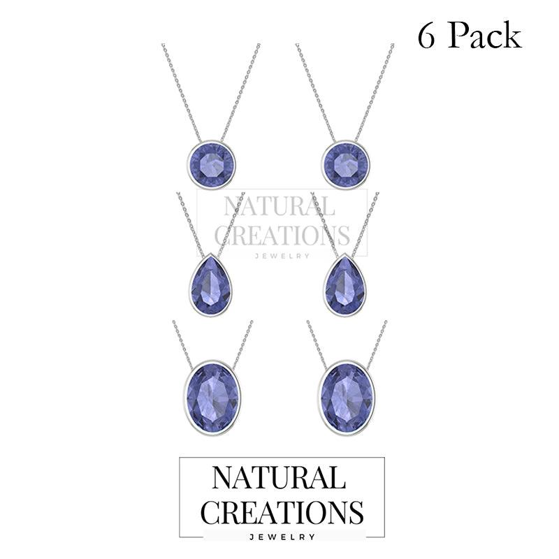 925 Sterling Silver Cut Tanzanite Slider Necklace With Chain 18" Bezel Set Jewelry Pack of 6