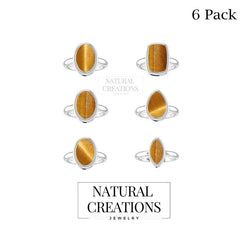 Natural Tiger Eye Ring 925 Sterling Silver Bezel Set Handmade Jewelry Pack of 6 - (Box 3)