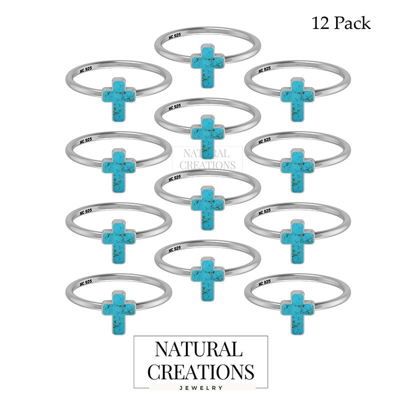 925 Sterling Silver Natural Turquoise Cross Cab Ring Bezel Set Jewelry Pack of 12