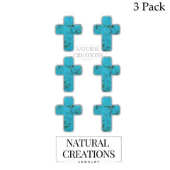 925 Sterling Silver Natural Turquoise Cross Stud Earring Bezel Set Jewelry Pack Of 3