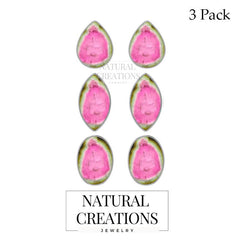 925 Sterling Silver Earring Natural Watermelon Tourmaline Studs Jewelry Pack of 3