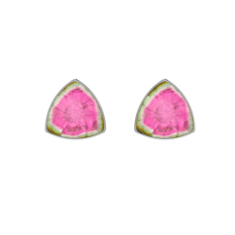 Natural Watermelon Tourmaline Bezel Studs Earring 925 Sterling Silver Handmade Jewelry Pack Of 3