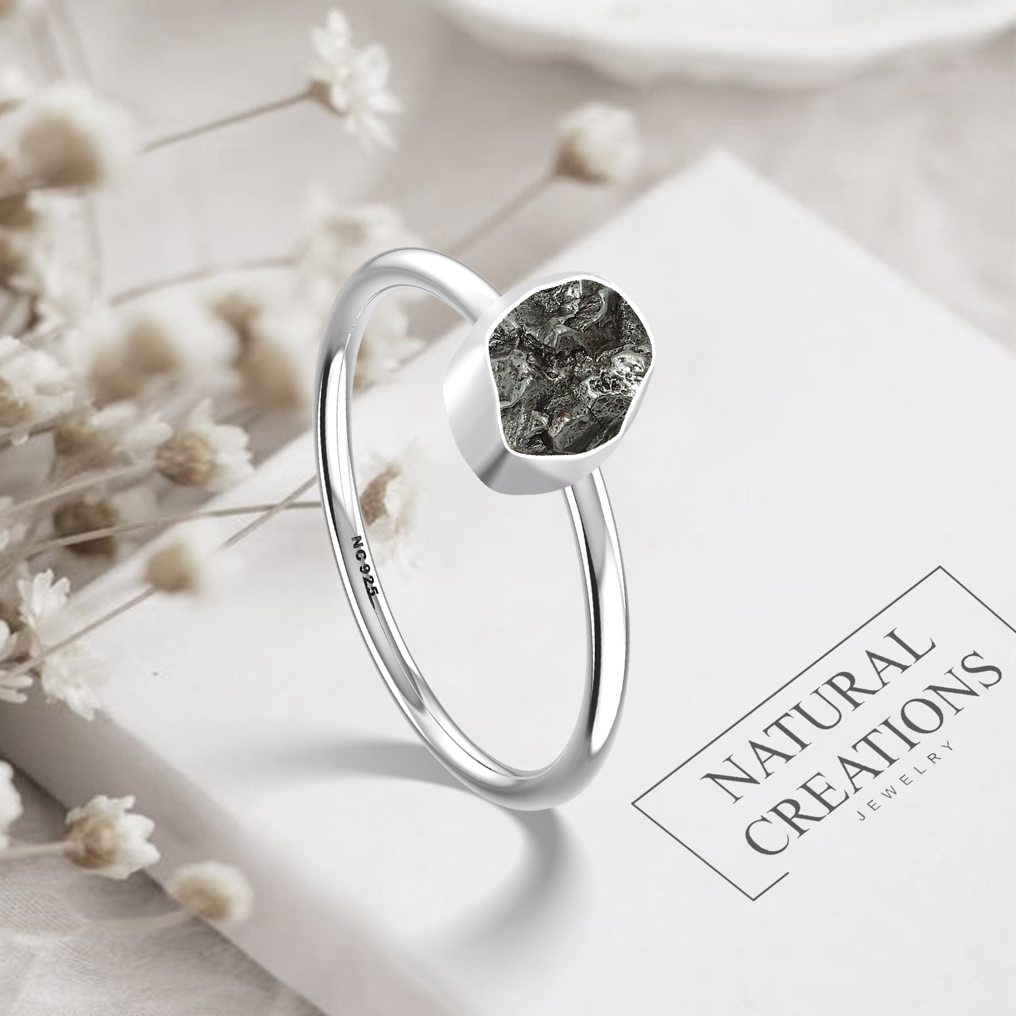 Meteorite stackable bezel-set ring