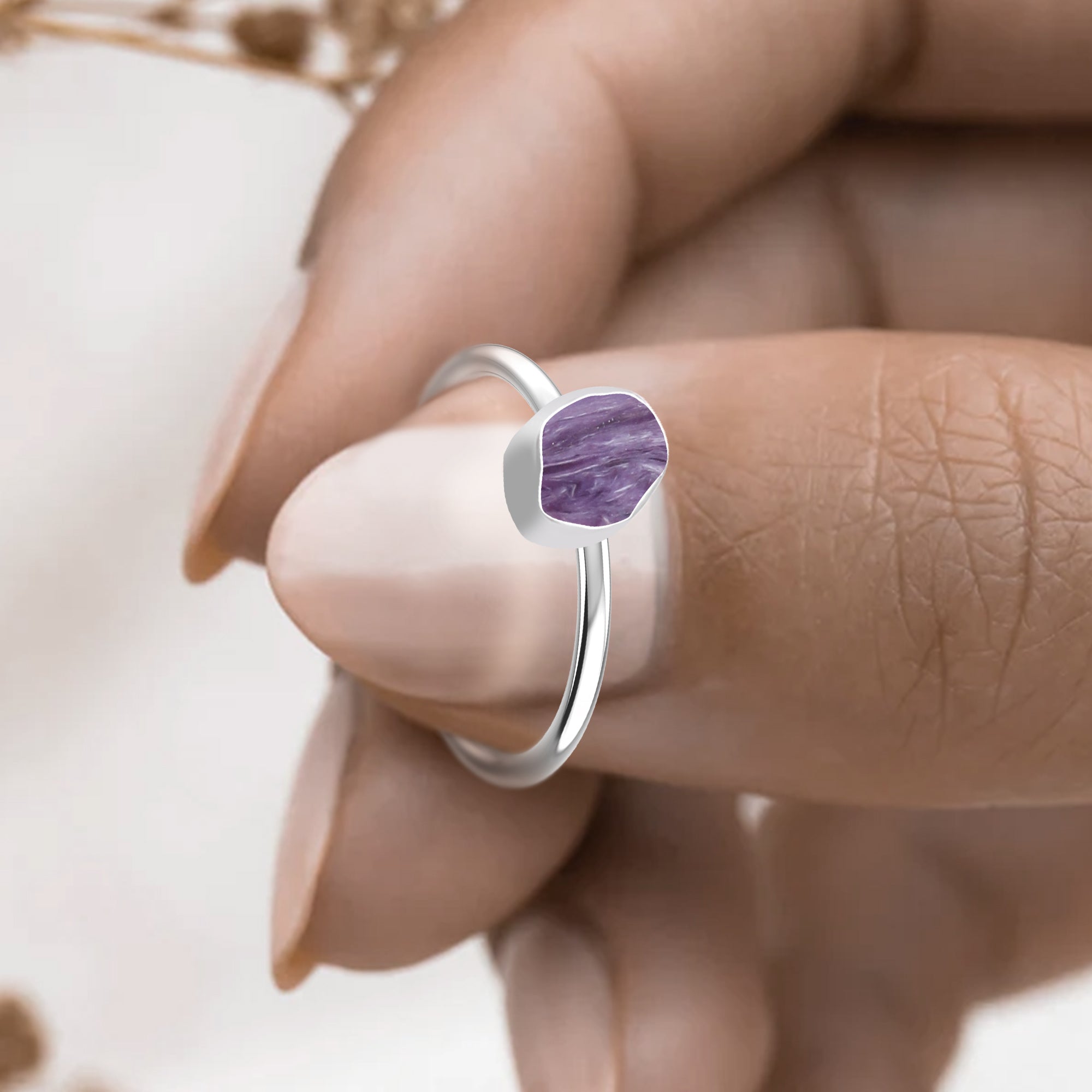 Charoite stackable bezel-set ring