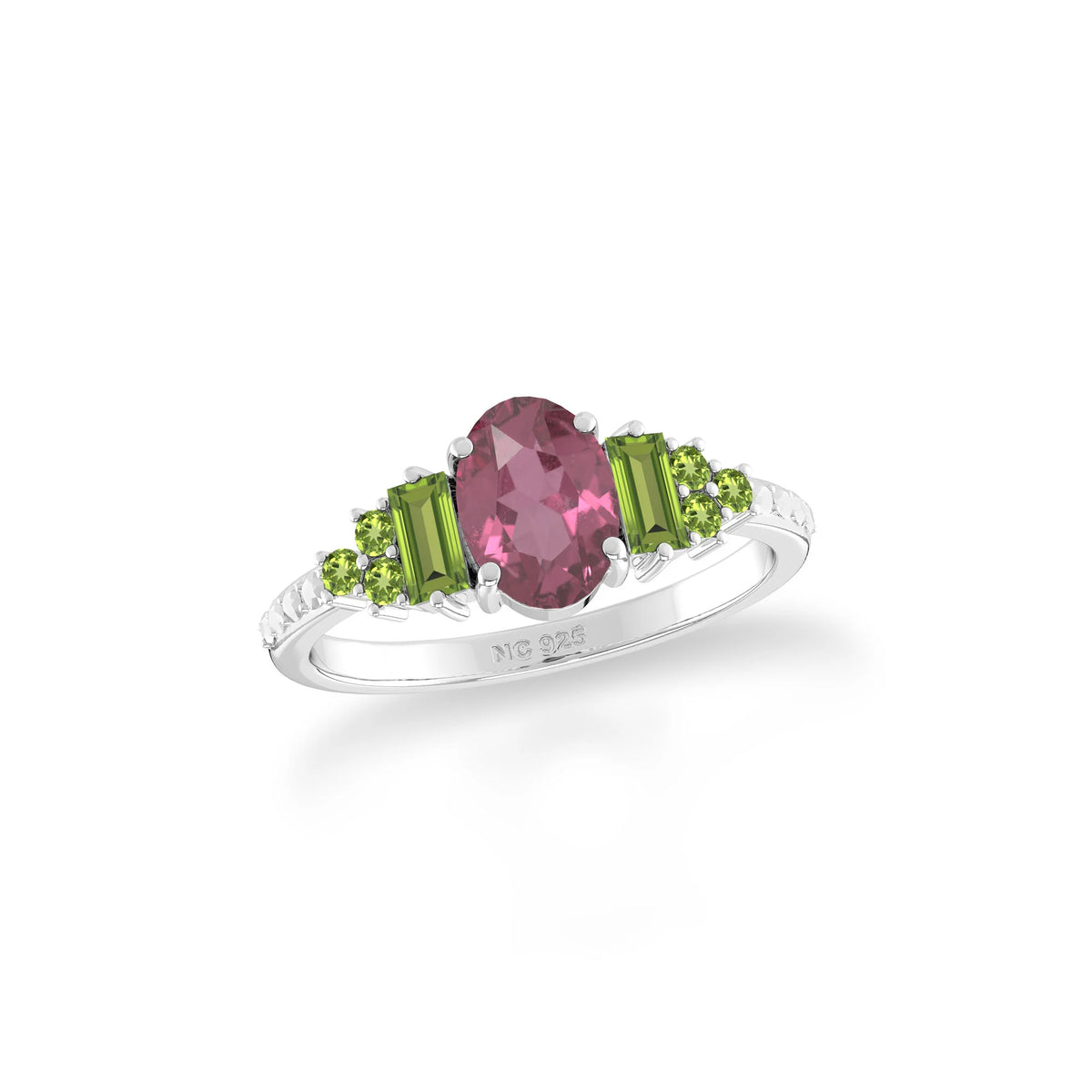 pink-tourmaline-peridot prong-set ring