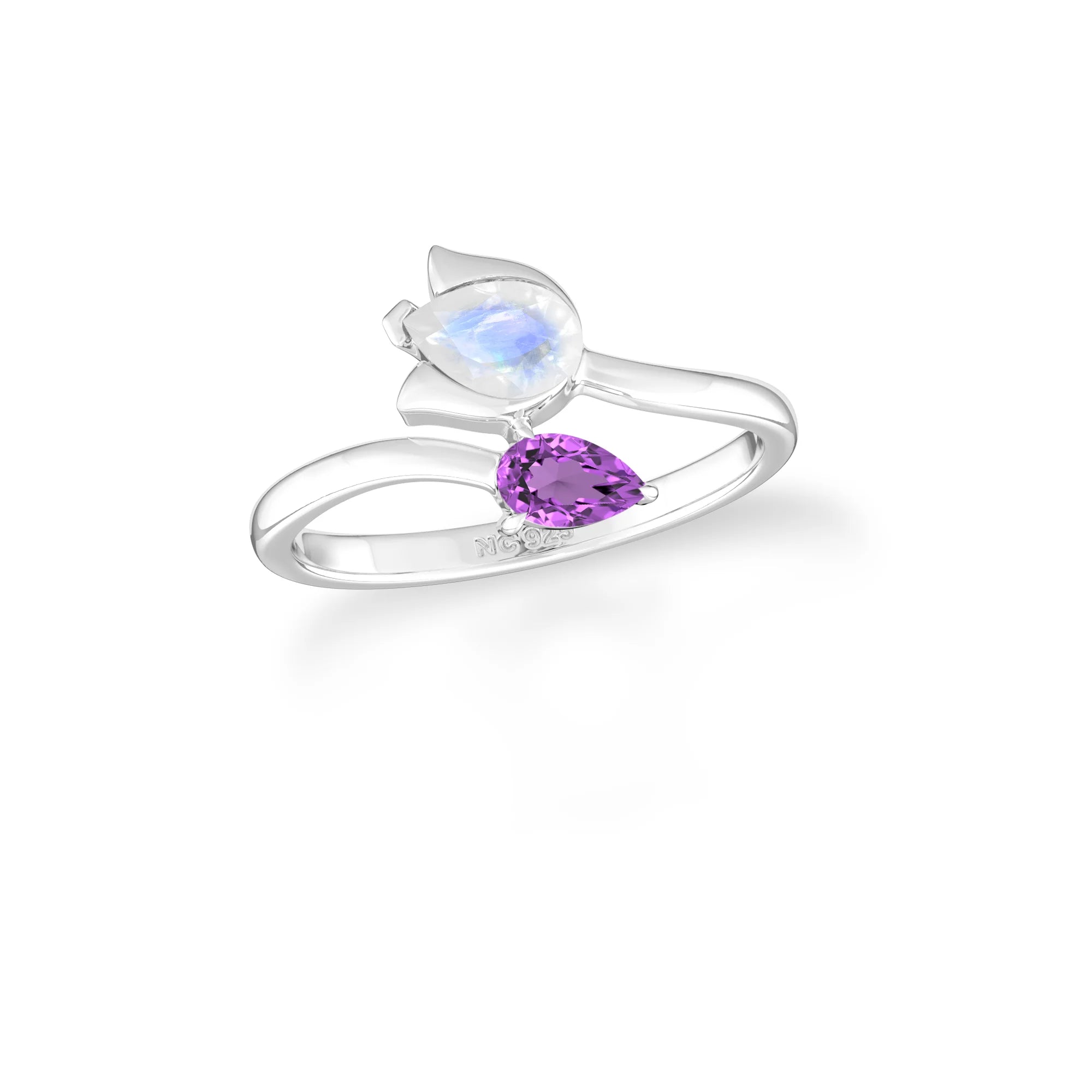 rainbow moonstone & amethyst ring