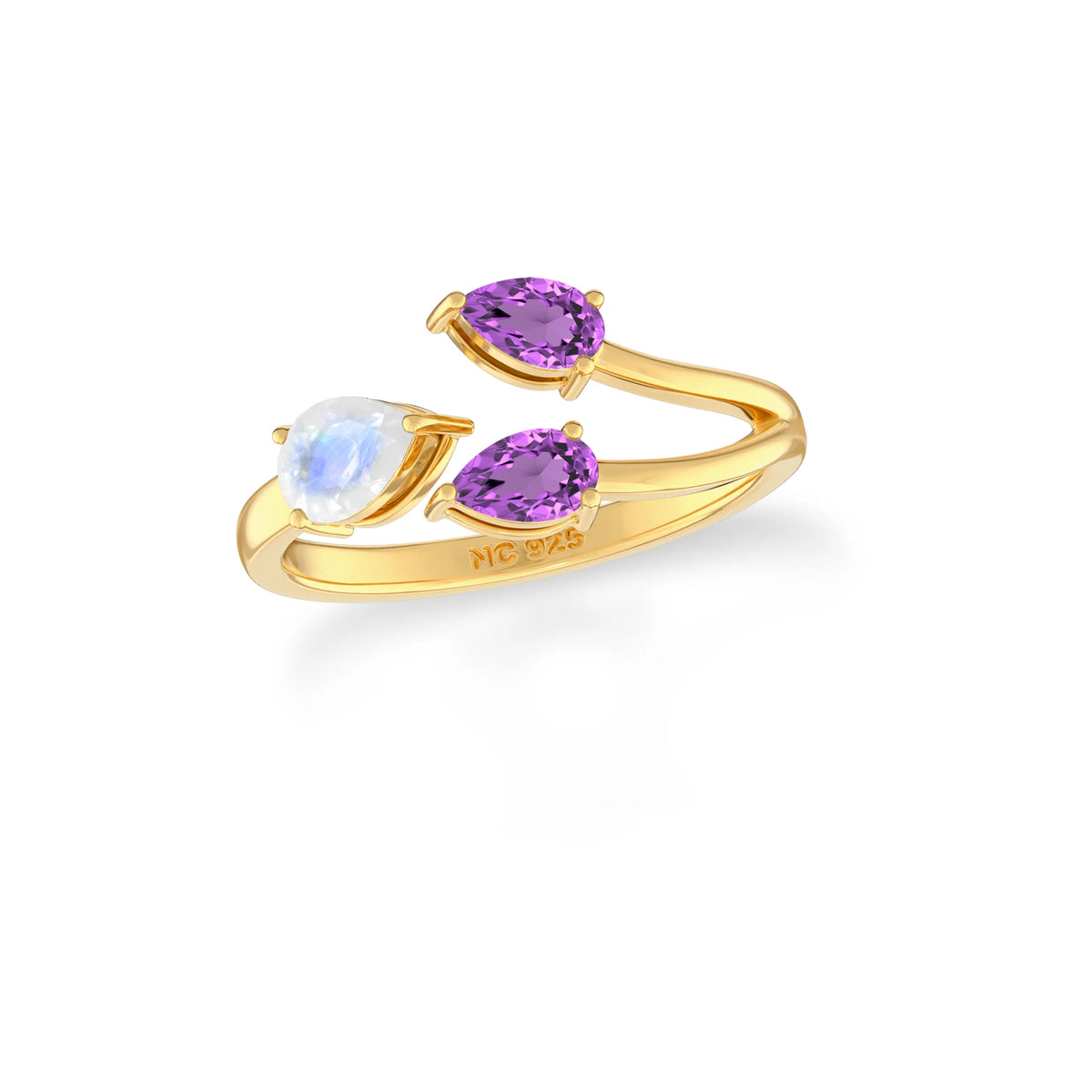 natural rainbow moonstone & amethyst ring