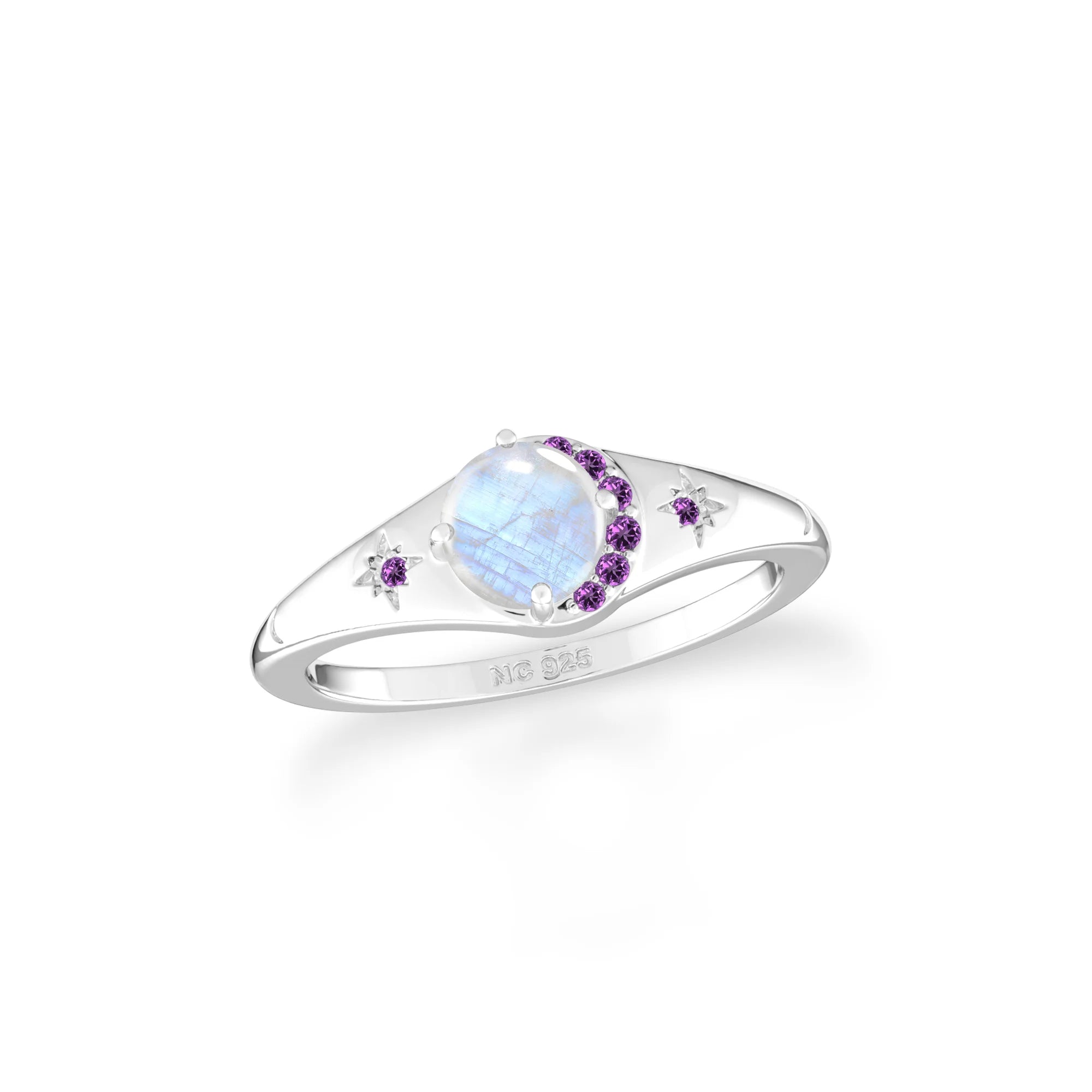 Natural Rainbow Moonstone & Amethyst Ring