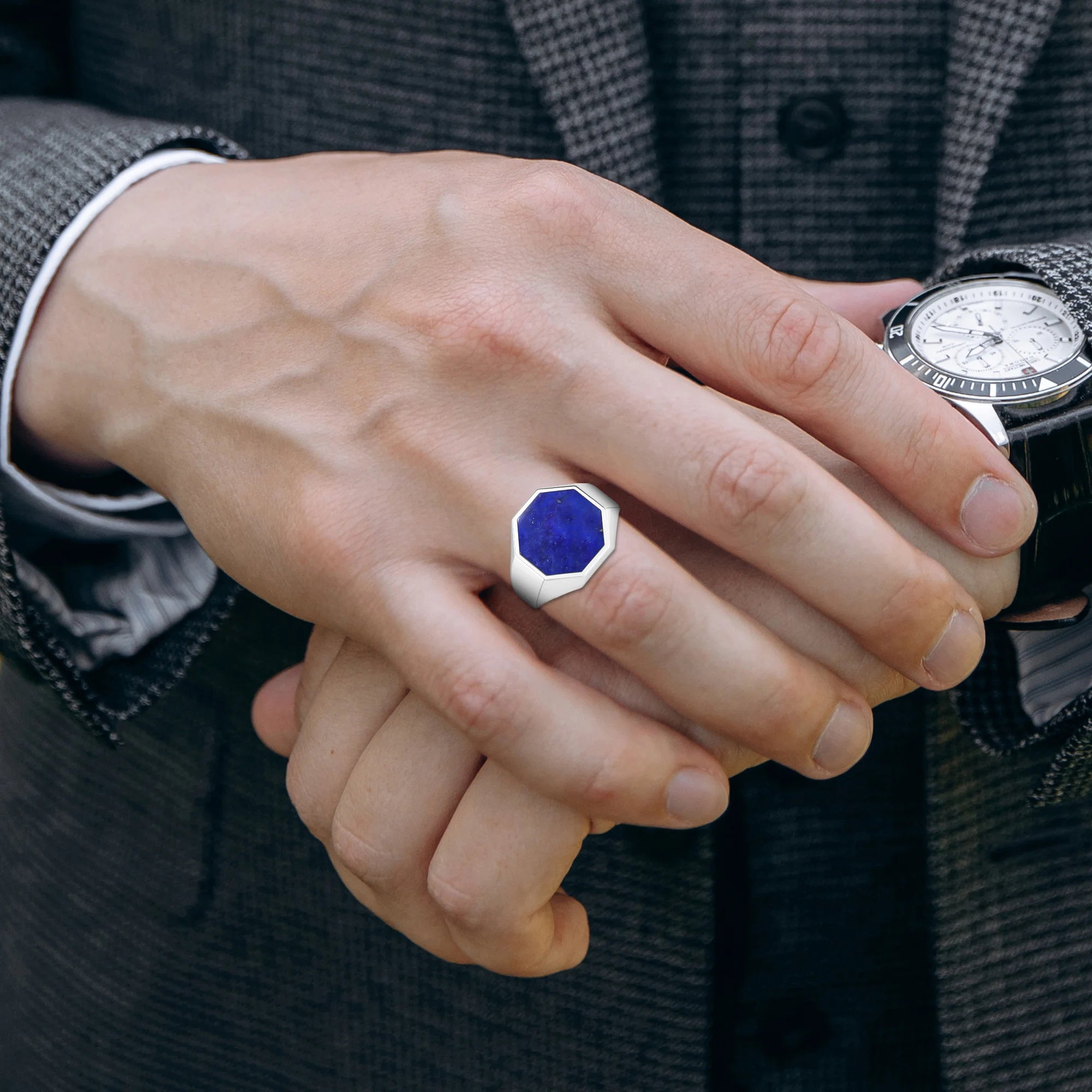 lapis lazuli men bezel-set ring