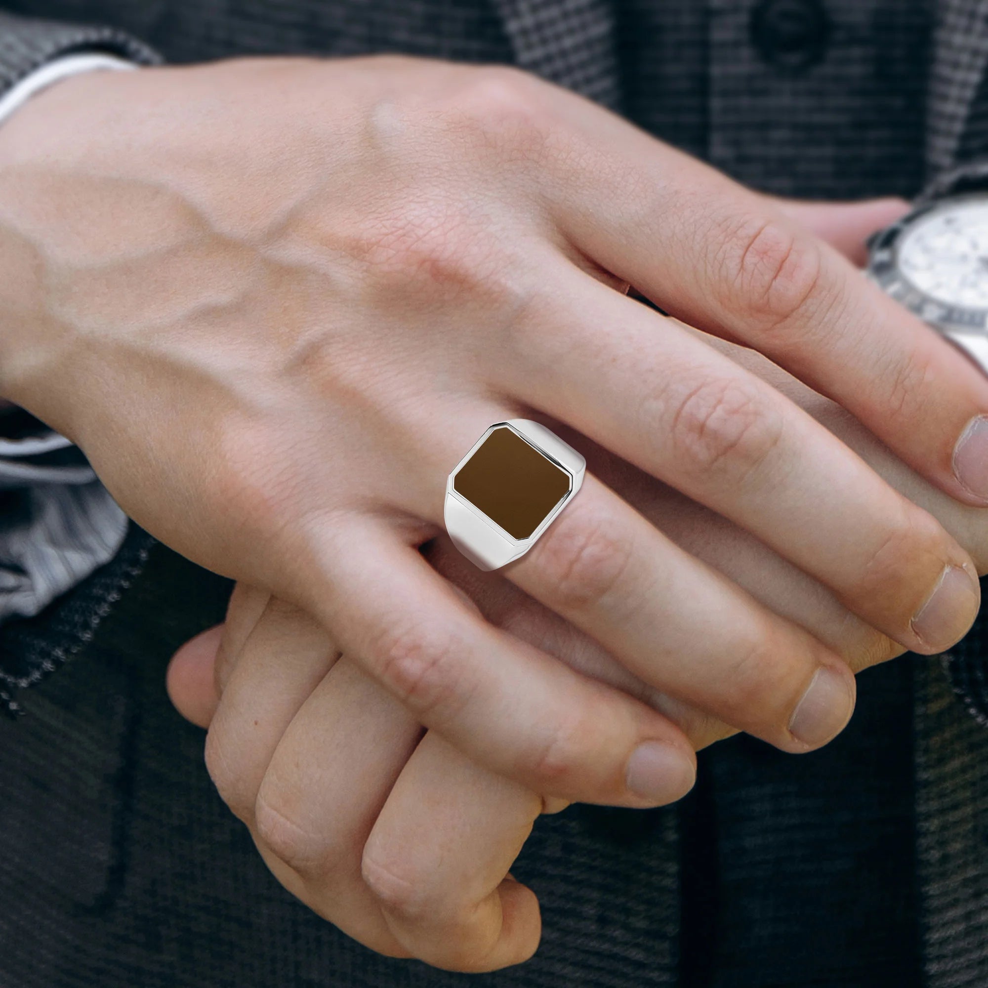 smoky quartz men prong-set ring