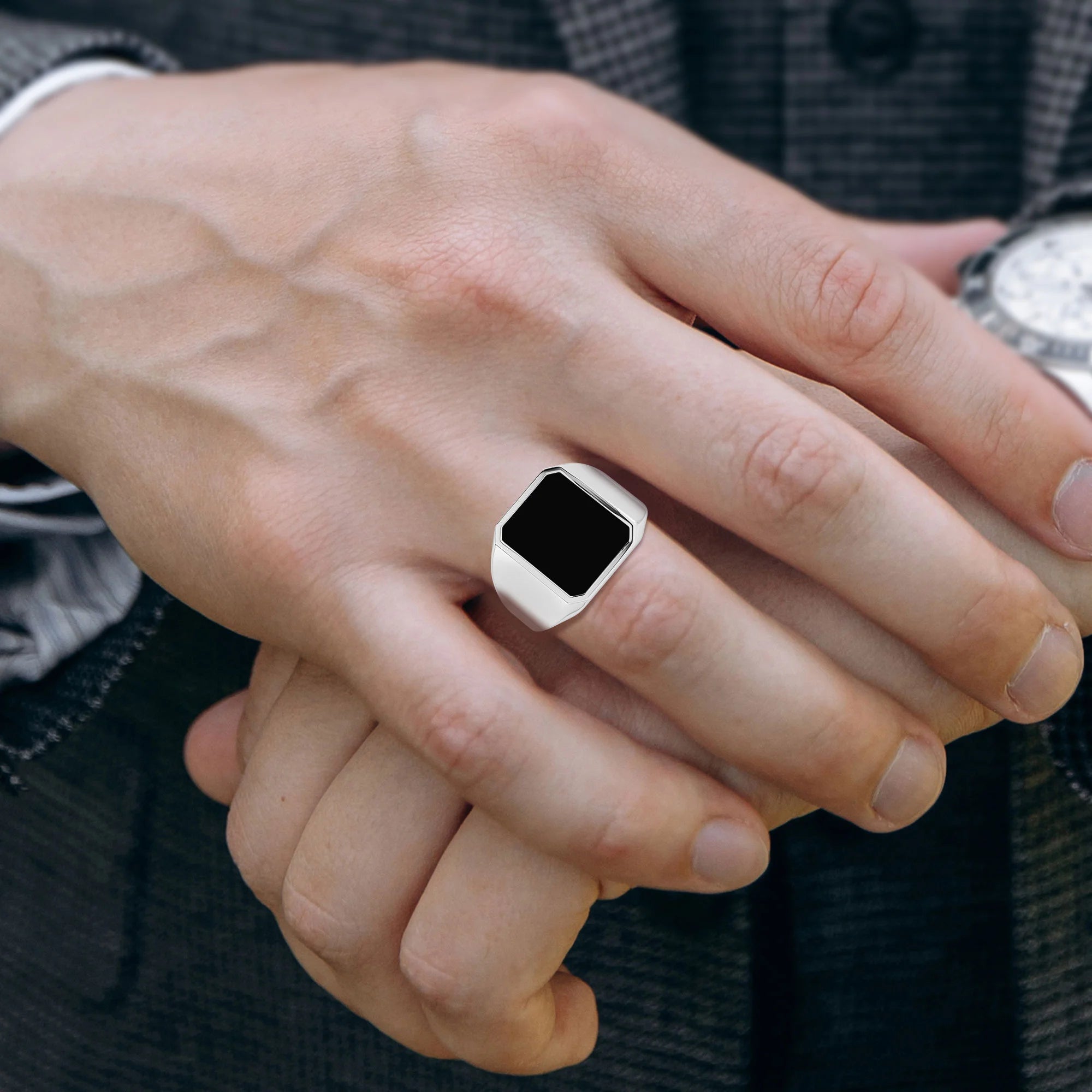 black tourmaline men bezel-set ring