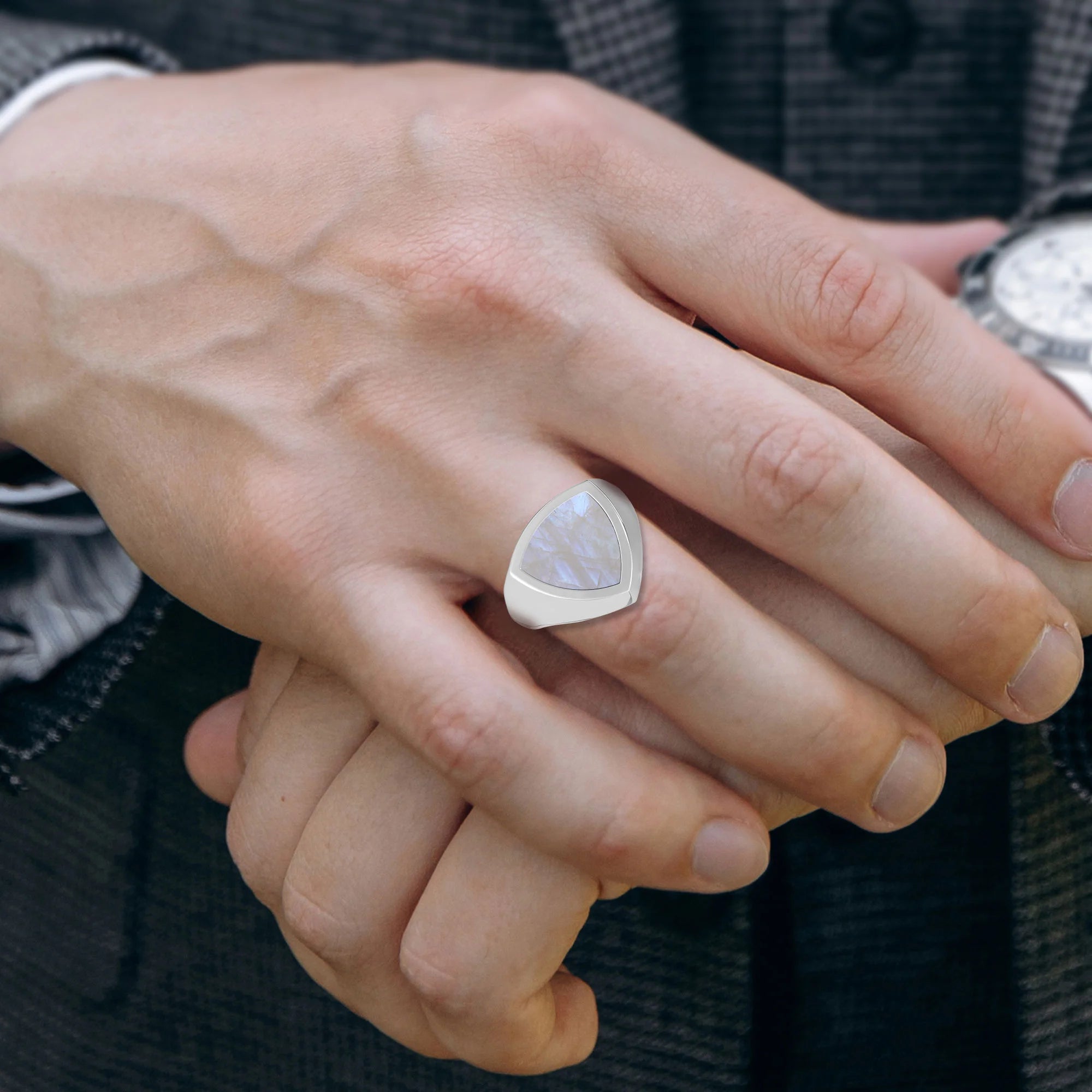 rainbow moonstone men bezel-set ring