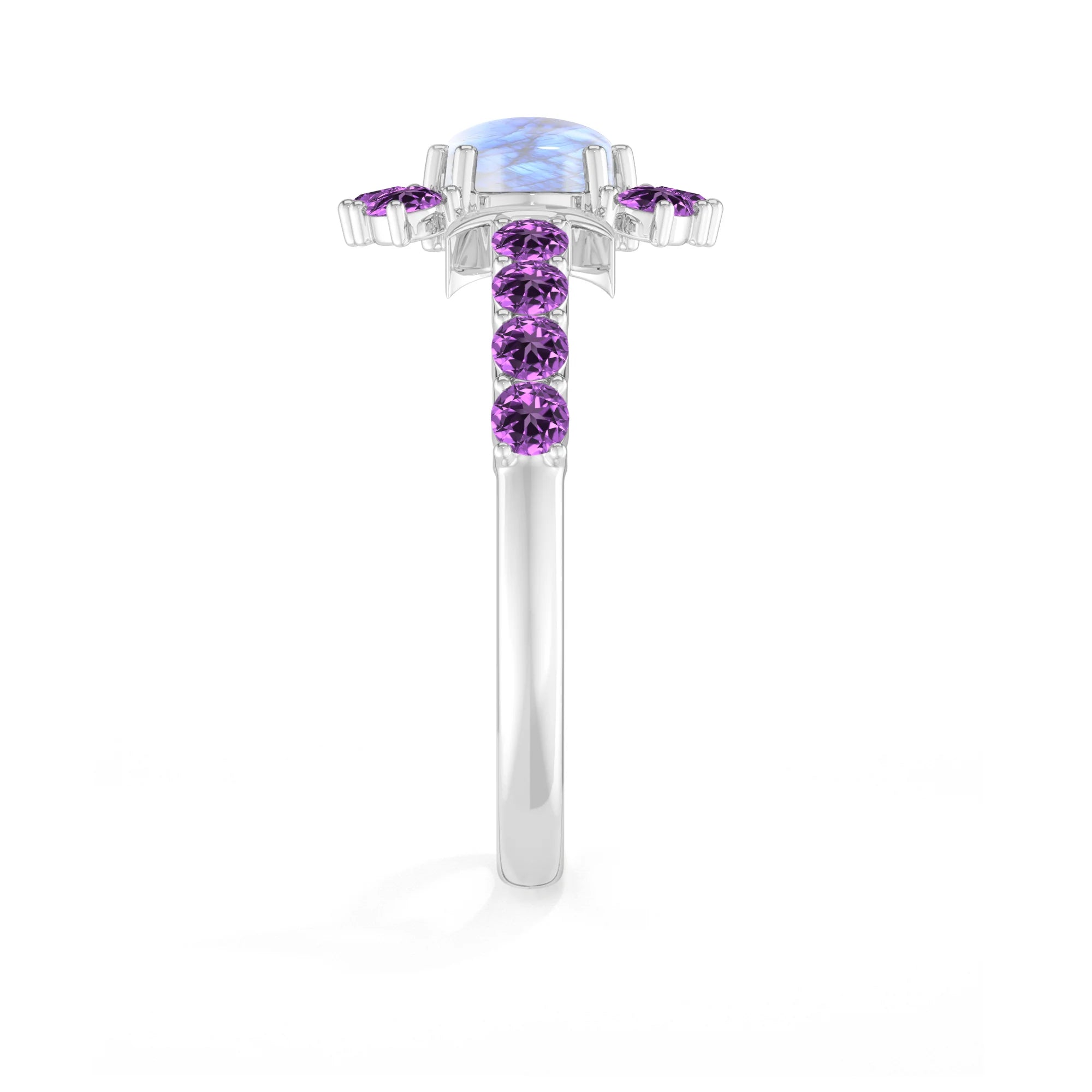 Natural Rainbow Moonstone & Amethyst Ring