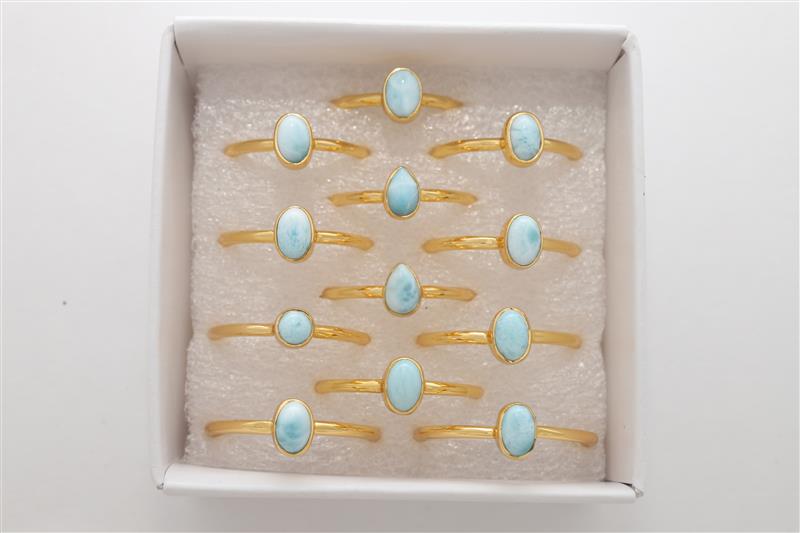 Natural Larimar Stackable Rings for Women in 18K Gold Vermeil (Pack of 12, Bezel-Set, Faceted)