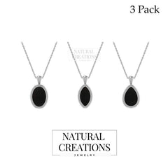 925 Sterling Silver Cab Shungite Necklace Pendant With Chain 18" Bezel Set Jewelry Pack of 3