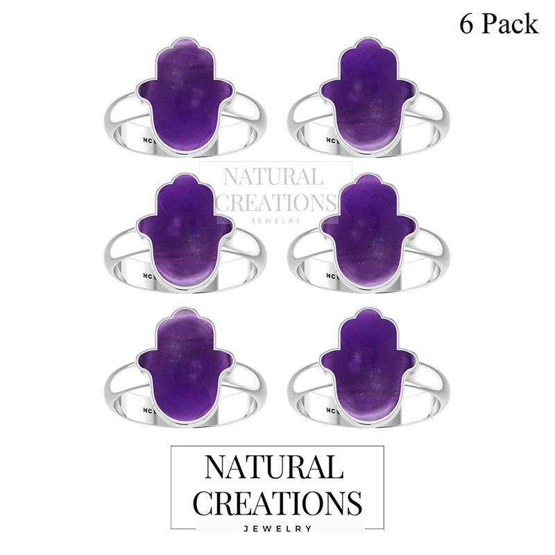 Natural Amethyst Rings for Women in Sterling Silver (Pack of 6, Bezel-Set)