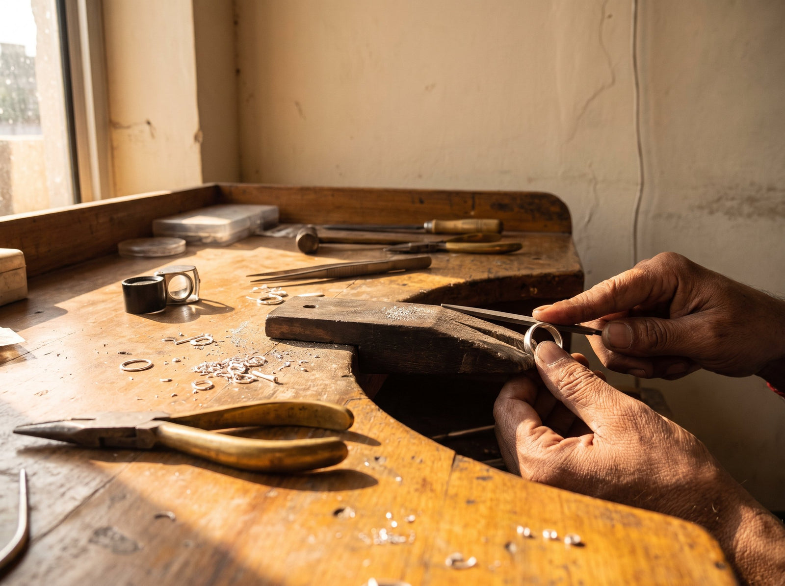 A silversmith at the bench in our Jaipur workshop