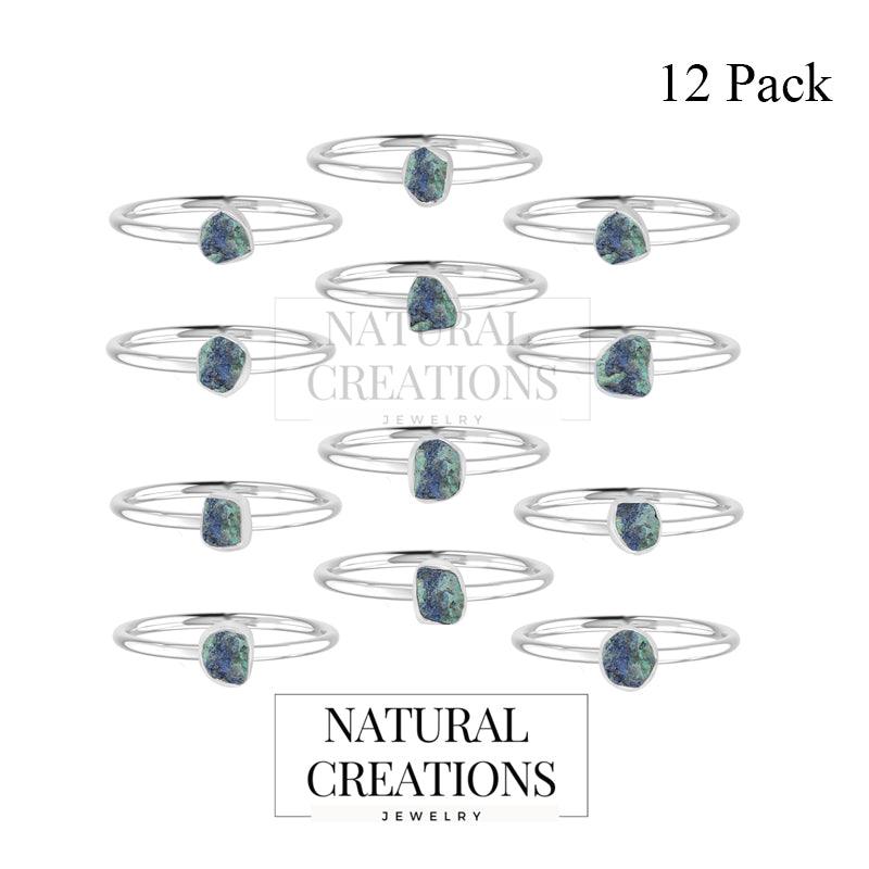 925 Sterling Silver Natural Azurite Malachite Raw Ring Stackable Bezel Set Jewelry Pack of 12