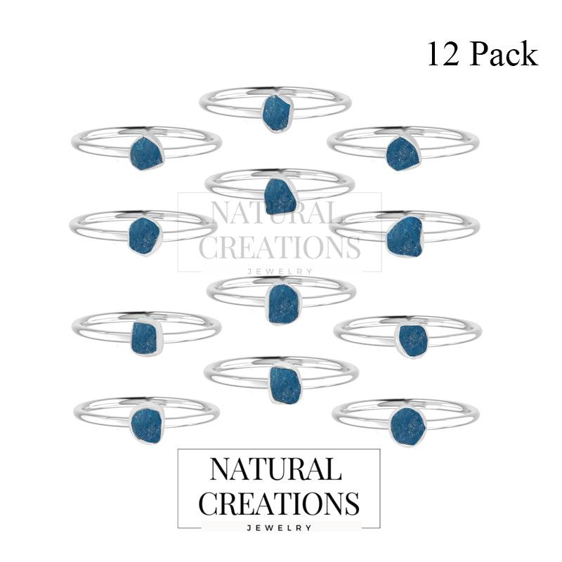 925 Sterling Silver Natural Neon Apatite Rough Ring Stackable Ring Bezel Set Jewelry Pack of 12