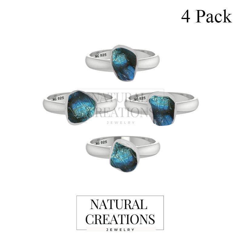 Natural Labradorite Rough Ring 925 Sterling Silver Bezel Set Handmade Jewelry Pack of 4