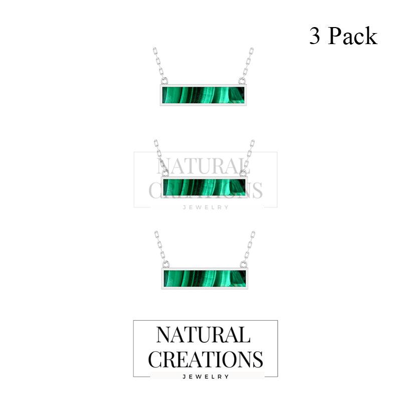 Natural Malachite Bar Pendant Necklace With Silver Chain 18' in Sterling Silver Jewelry Set of 3