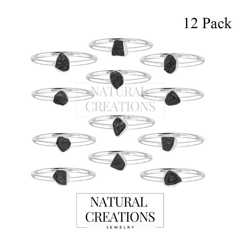 925 Sterling Silver Raw Black Tourmaline Ring Stackable Bezel Set Jewelry Pack of 12
