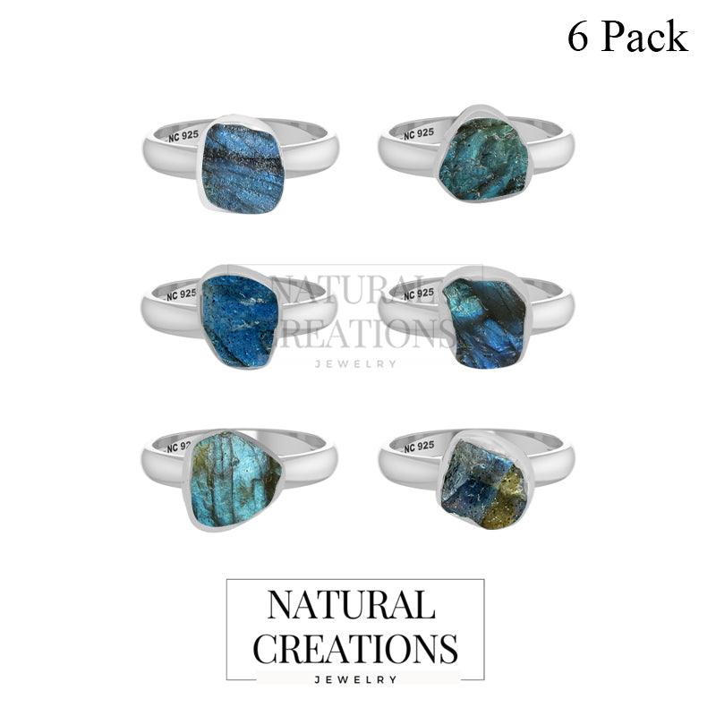 Natural Labradorite Rough Ring 925 Sterling Silver Jewelry Bezel Set Handmade Jewelry Pack Of 6