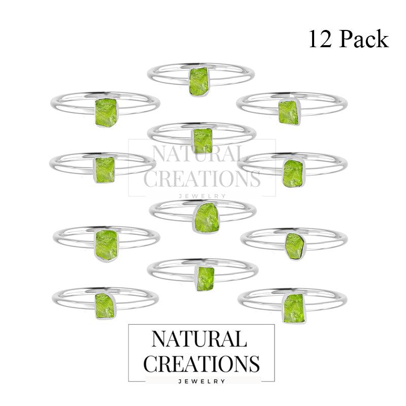 925 Sterling Silver Natural Peridot Raw Ring Stackable Bezel Set Jewelry Pack of 12