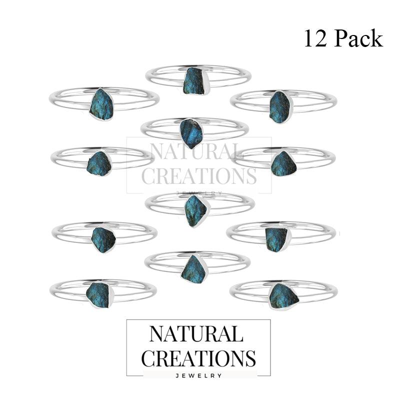 925 Sterling Silver Natural Labradorite Raw Ring Stackable Bezel Set Jewelry Pack of 12