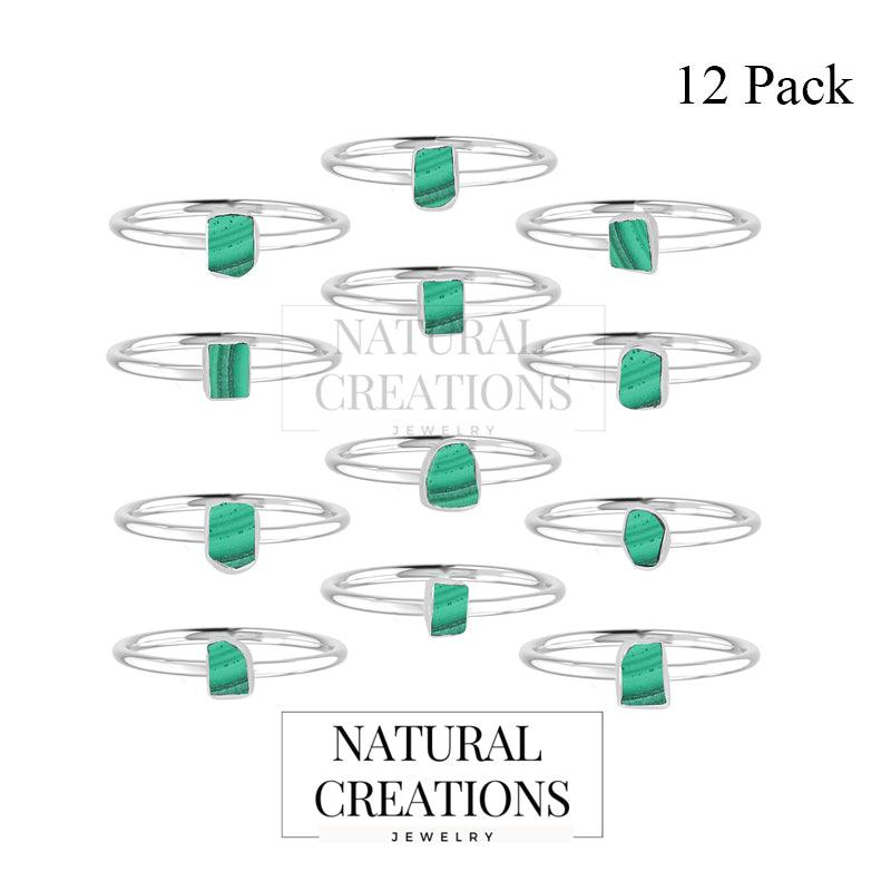 925 Sterling Silver Natural Raw Malachite Stone Ring Bezel Set Jewelry Pack of 12