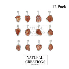 925 Sterling Silver Natural Raw Sunstone Necklace Pendant Bezel Set Jewelry Pack of 12
