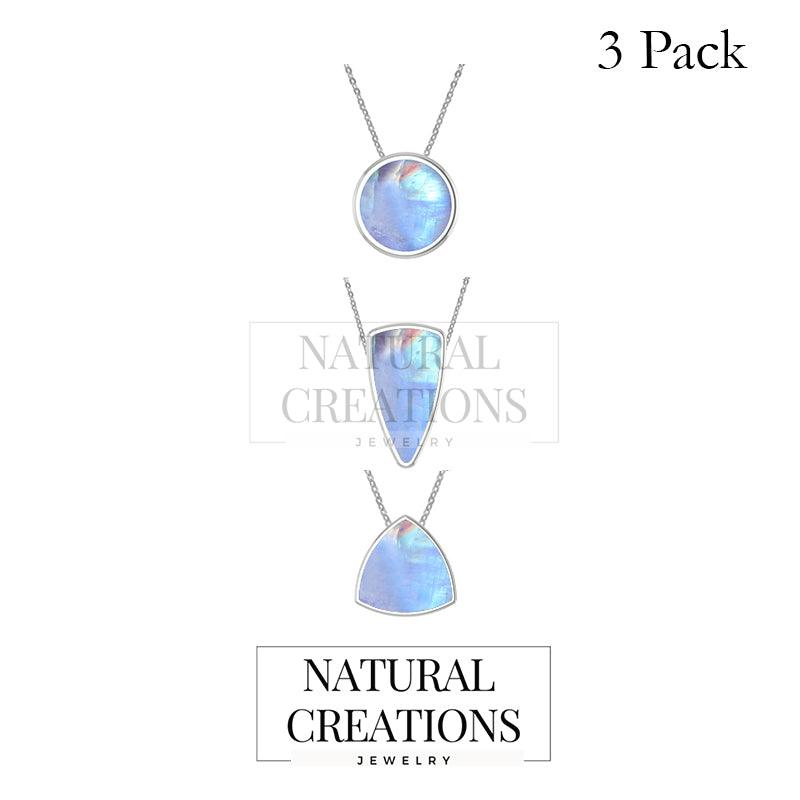 925 Sterling Silver Natural Purple Moonstone Slider Necklace 18'in Chain Bezel Set Jewelry pack of 3
