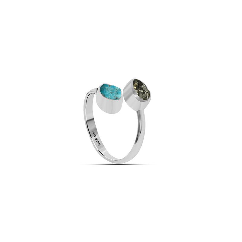 925 Sterling Silver Natural Turquoise, Pyrite Rough Twister Ring Bezel Set Jewelry Pack of 6