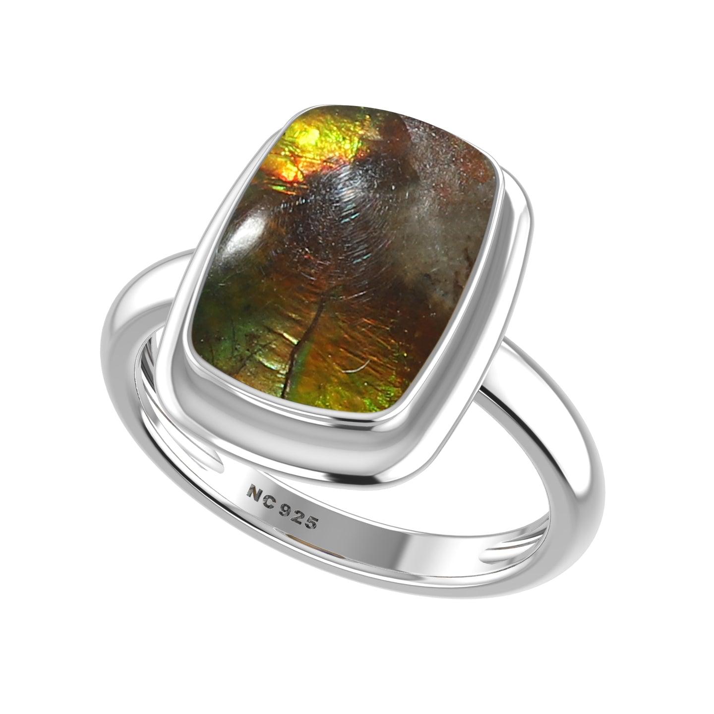 Natural Ammolite Rings for Women in Sterling Silver (Pack of 6, Bezel-Set)