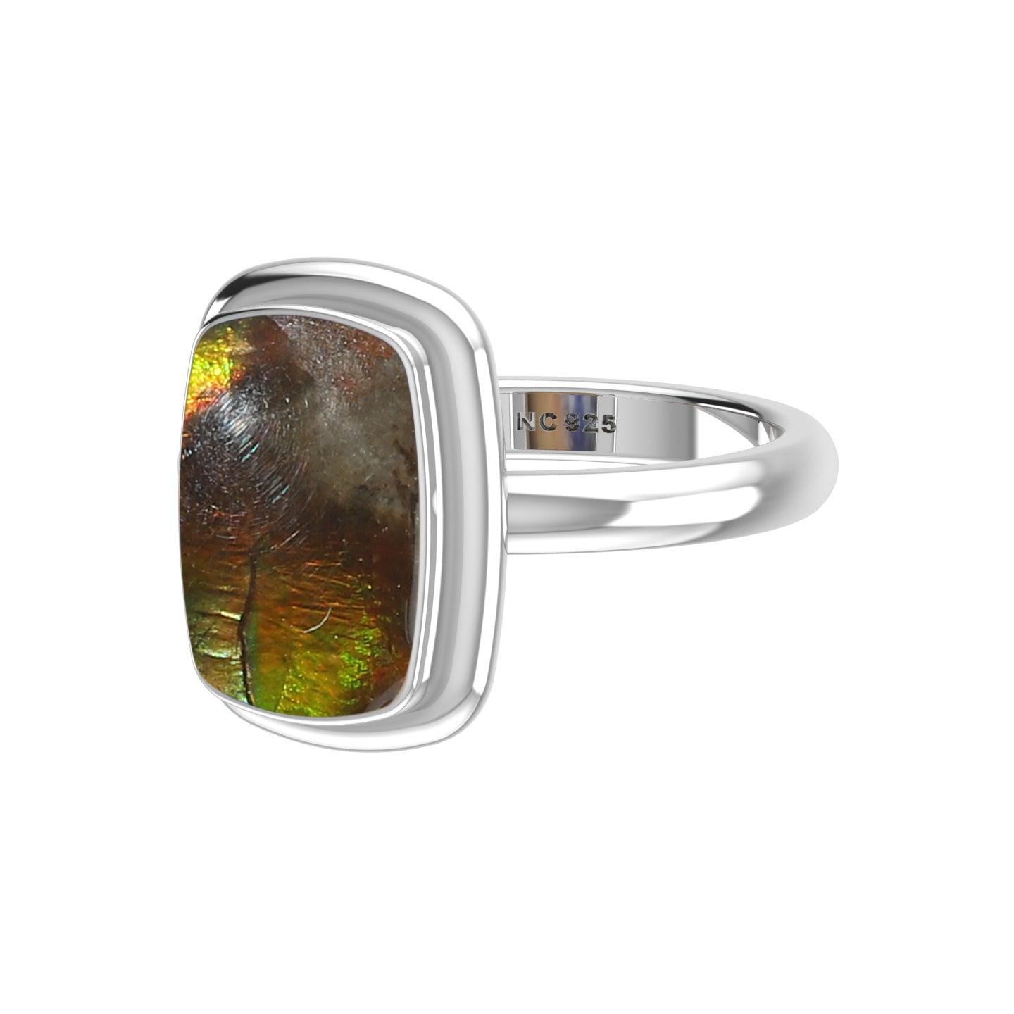 Natural Ammolite Rings for Women in Sterling Silver (Pack of 6, Bezel-Set)