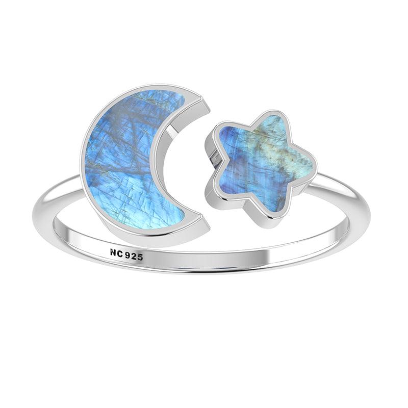 925 Sterling Silver Natural Rainbow Moonstone Star Moon Twister Ring Bezel Set Jewelry Pack of 12
