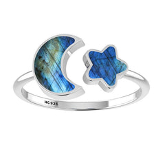925 Sterling Silver Natural Labradorite Star Moon Twister Ring Bezel Set Jewelry Pack of 12