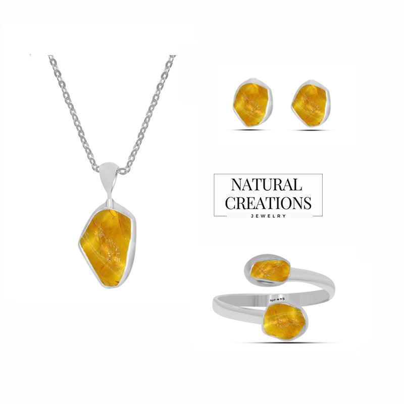 Raw Natural Amber Stone 925 Sterling Silver Handmade Jewelry Set